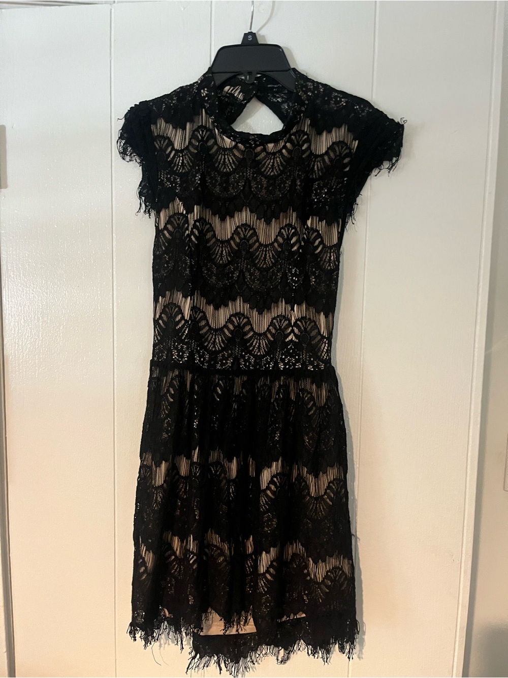 Black Lace Overlay Mini Dress with Nude Lining- medium